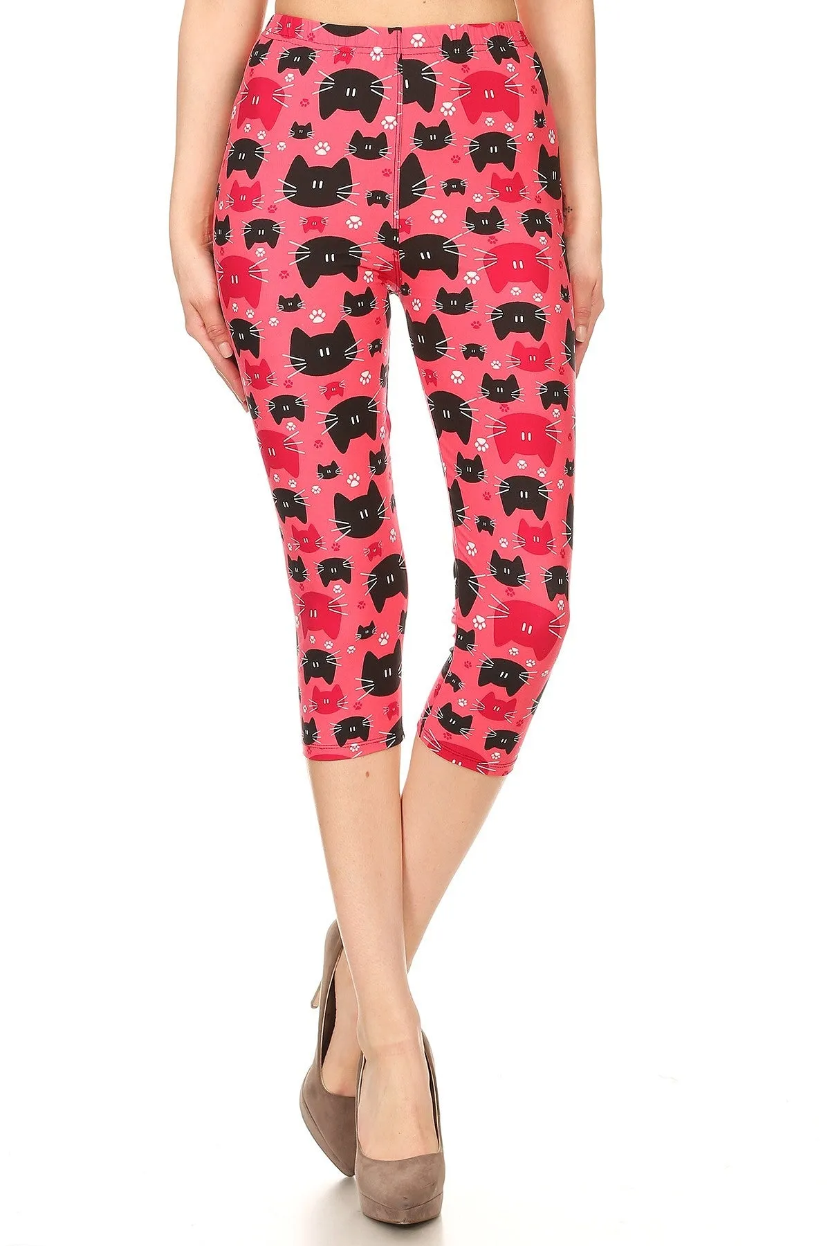 Women's Plus colorful Cat Faces Animal Printed Cropped Capri Leggings