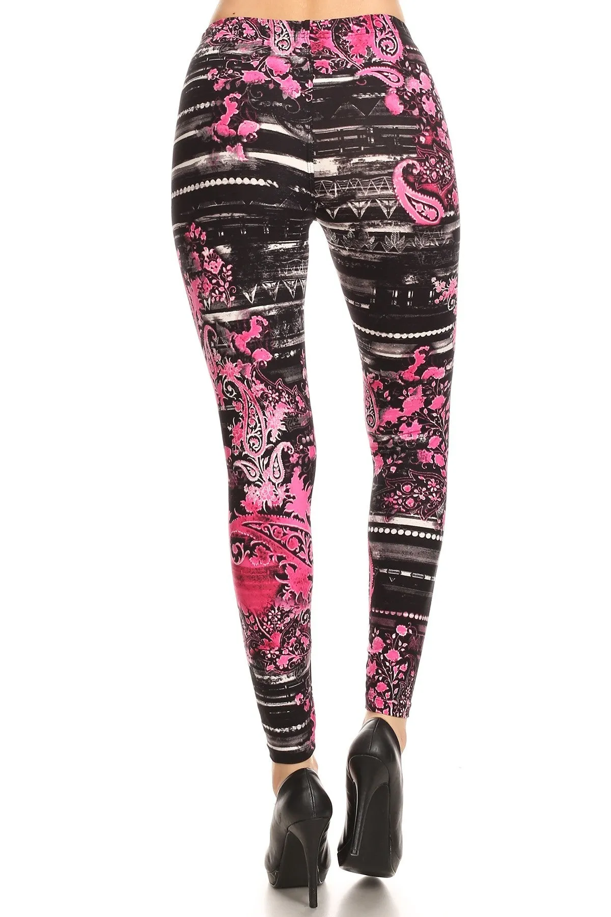 Women's Plus Pink Paisley Floral Pattern Printed Leggings