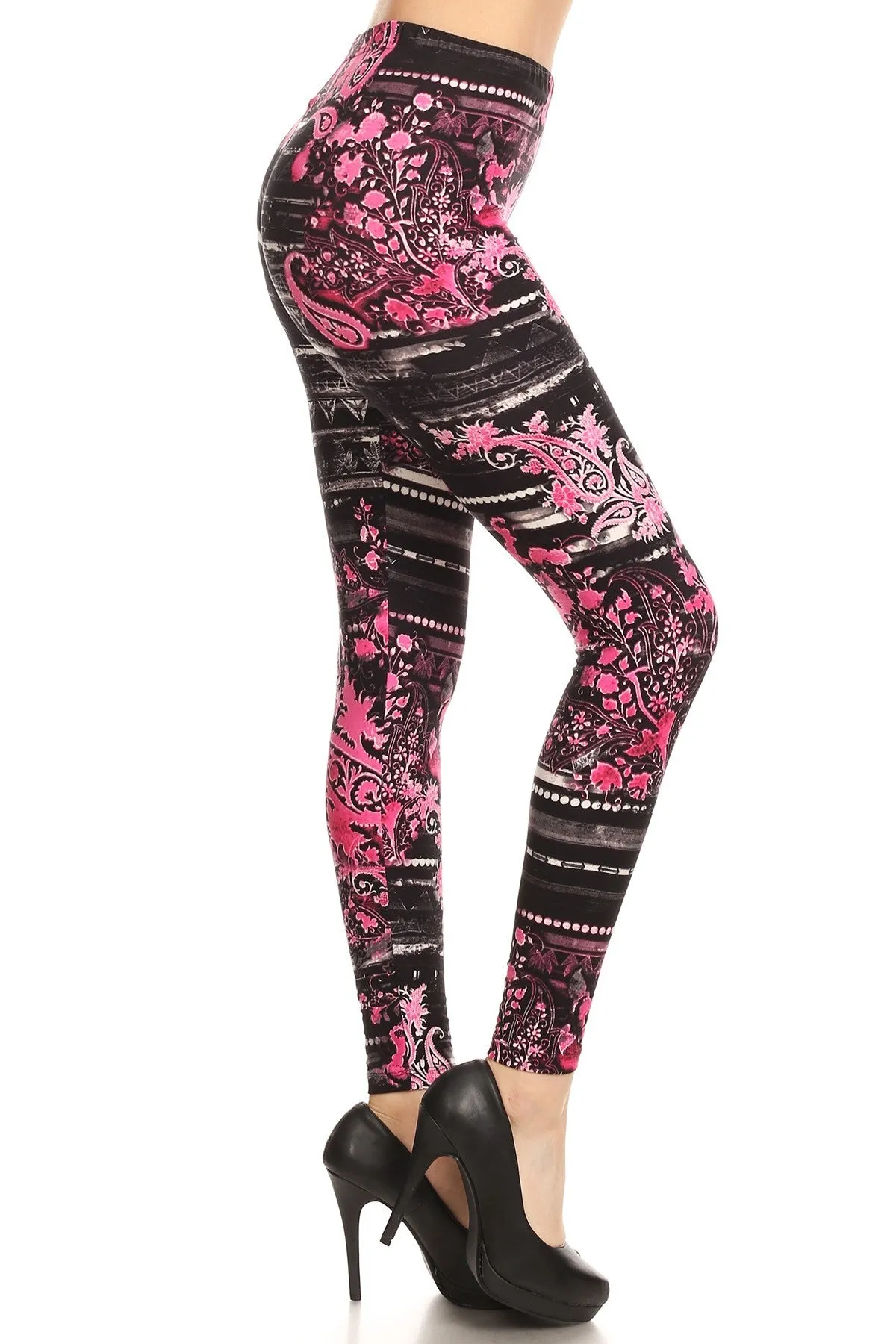 Women's Plus Pink Paisley Floral Pattern Printed Leggings