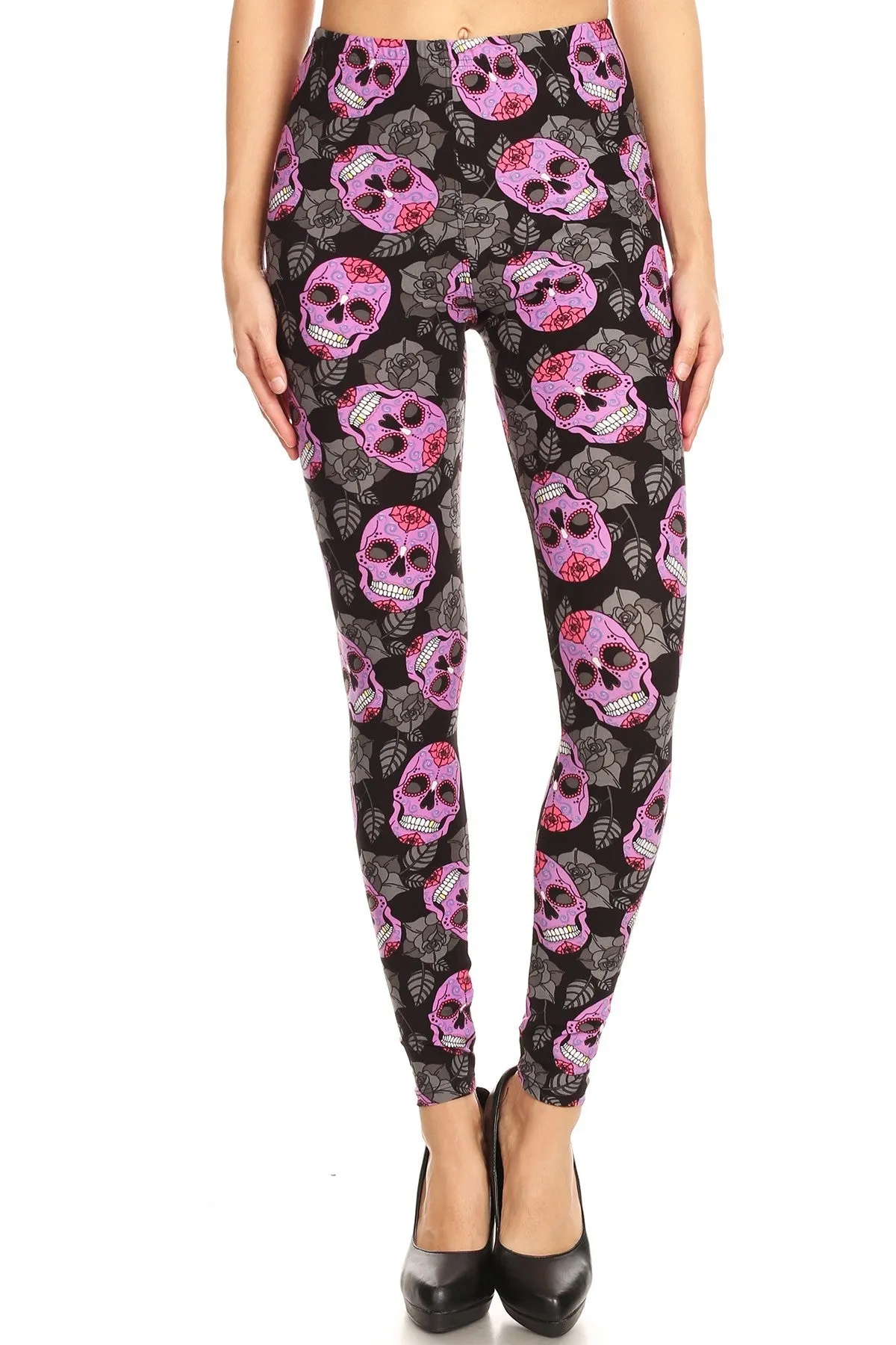 Women's Plus Purple Sugar Skull Floral Pattern Print Leggings