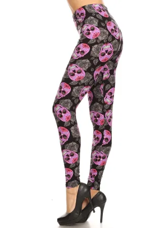 Women's Plus Purple Sugar Skull Floral Pattern Print Leggings