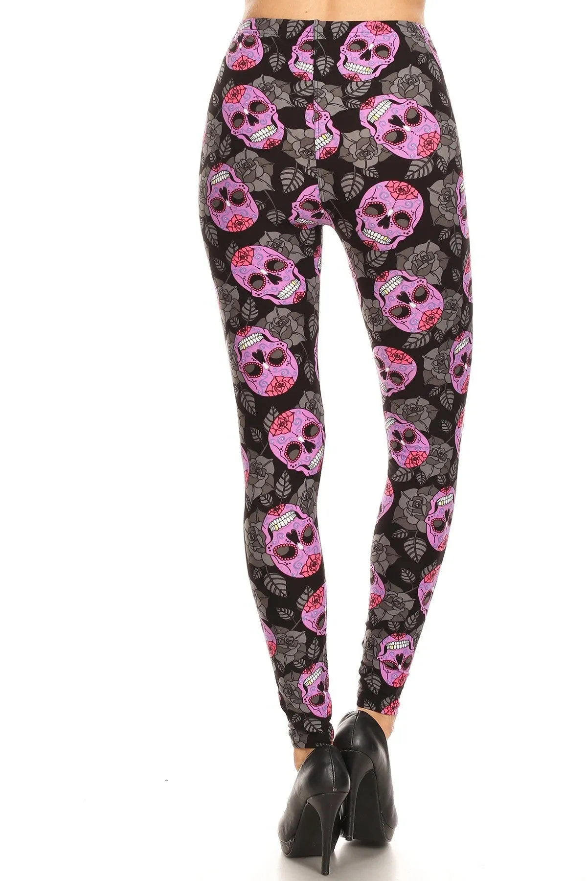 Women's Plus Purple Sugar Skull Floral Pattern Print Leggings