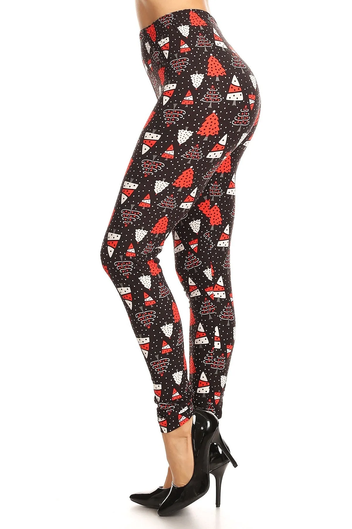 Women's Plus Red White Christmas Tree Pattern Printed Leggings