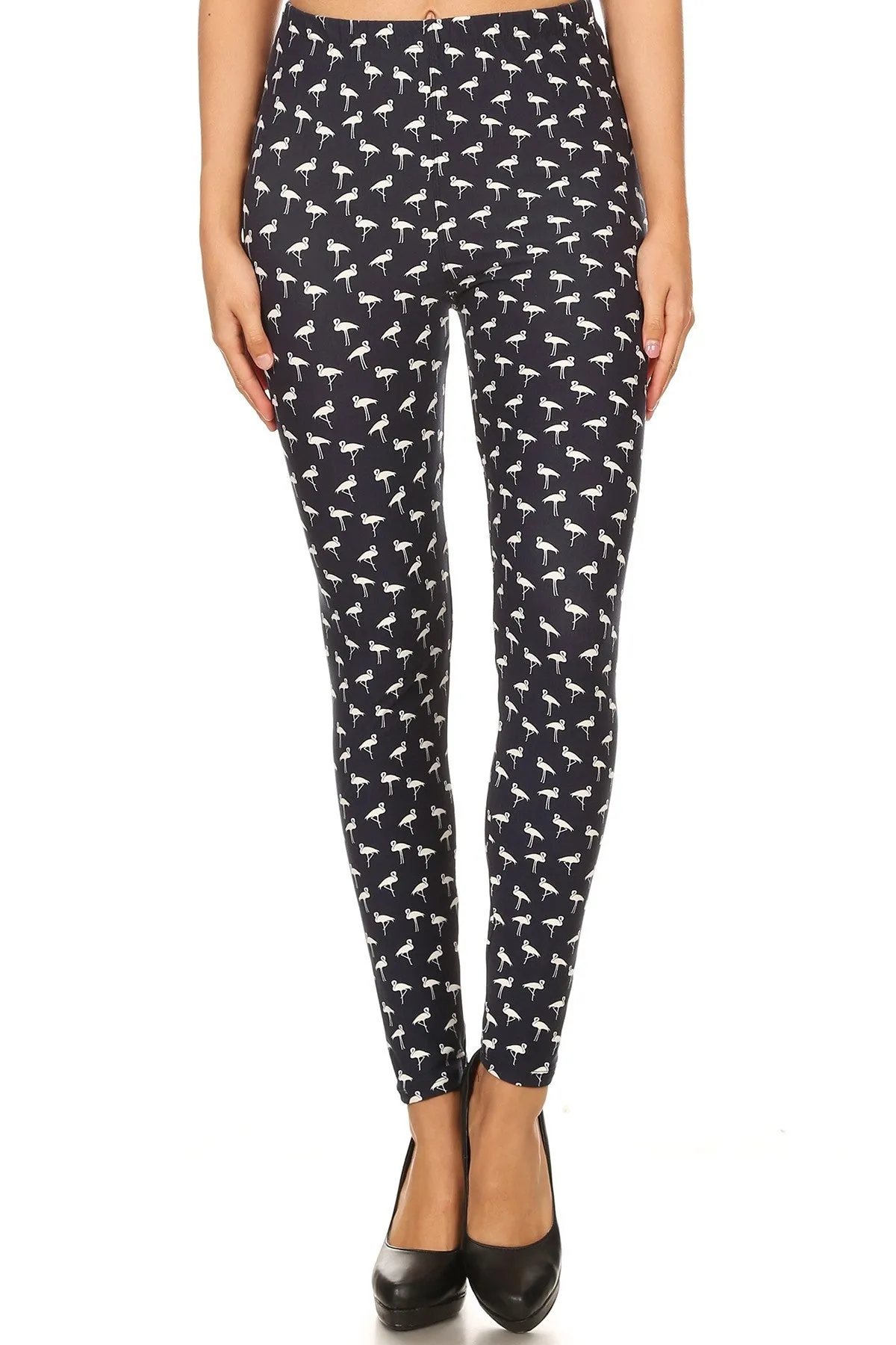 Women's Plus White Flamingo Birds Pattern Printed Leggings - One Size / Black