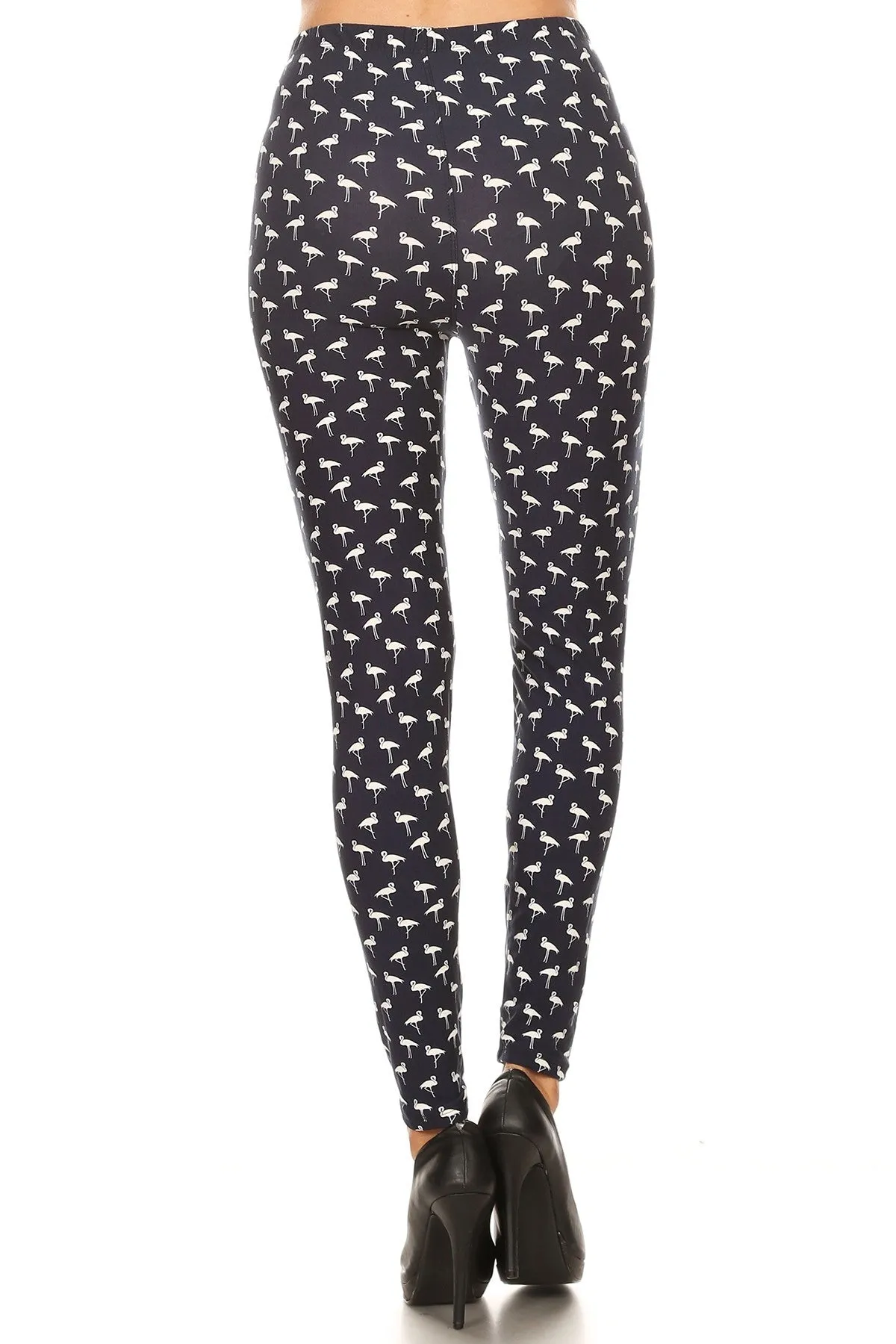 Women's Plus White Flamingo Birds Pattern Printed Leggings - One Size / Black