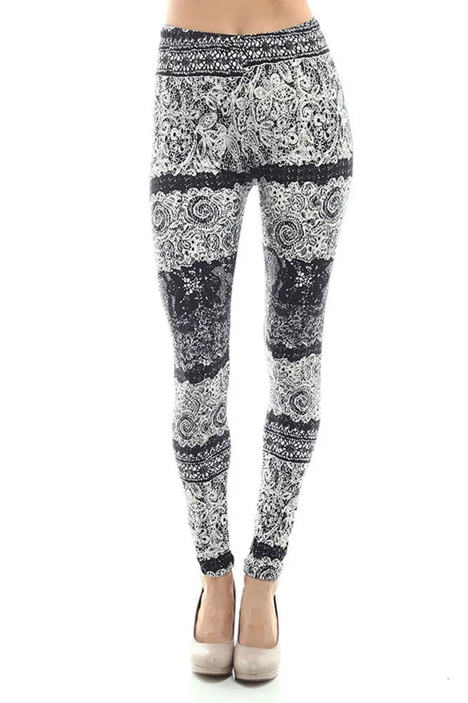 Women's Regular Abstract Flower Pattern Print Leggings - White Black