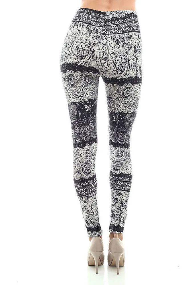 Women's Regular Abstract Flower Pattern Print Leggings - White Black