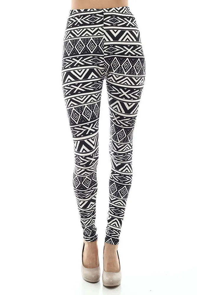 Women's Regular American Indian Navajo Pattern Print Leggings - White Black