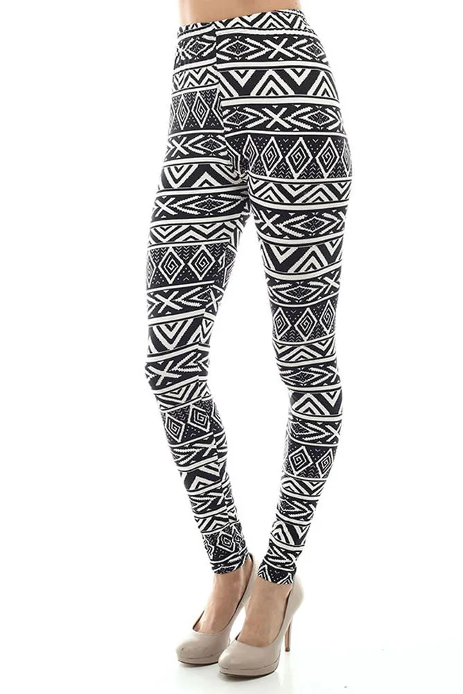 Women's Regular American Indian Navajo Pattern Print Leggings - White Black