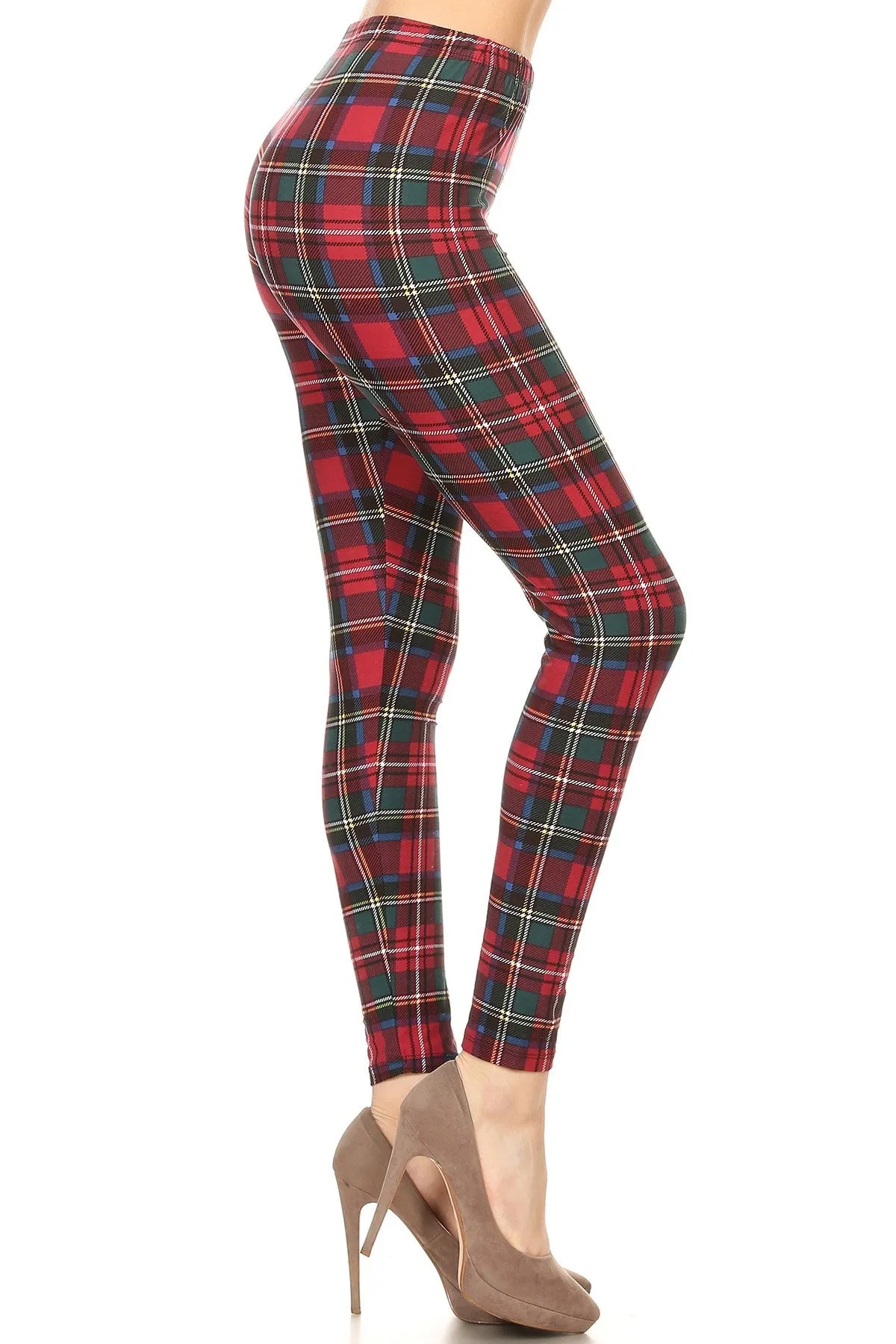 Women's Regular Burgundy Green Plaid Pattern Printed Leggings