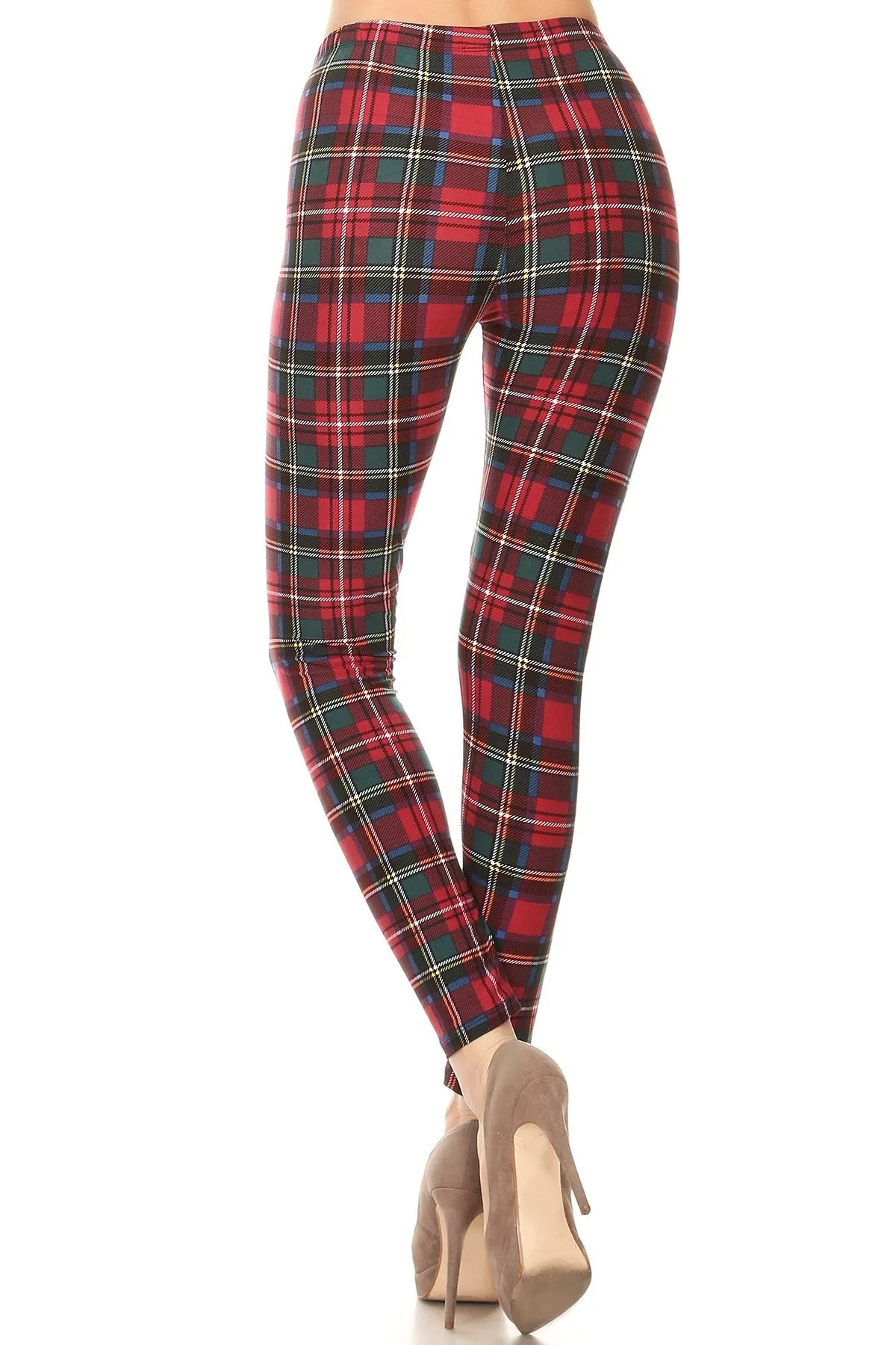 Women's Regular Burgundy Green Plaid Pattern Printed Leggings