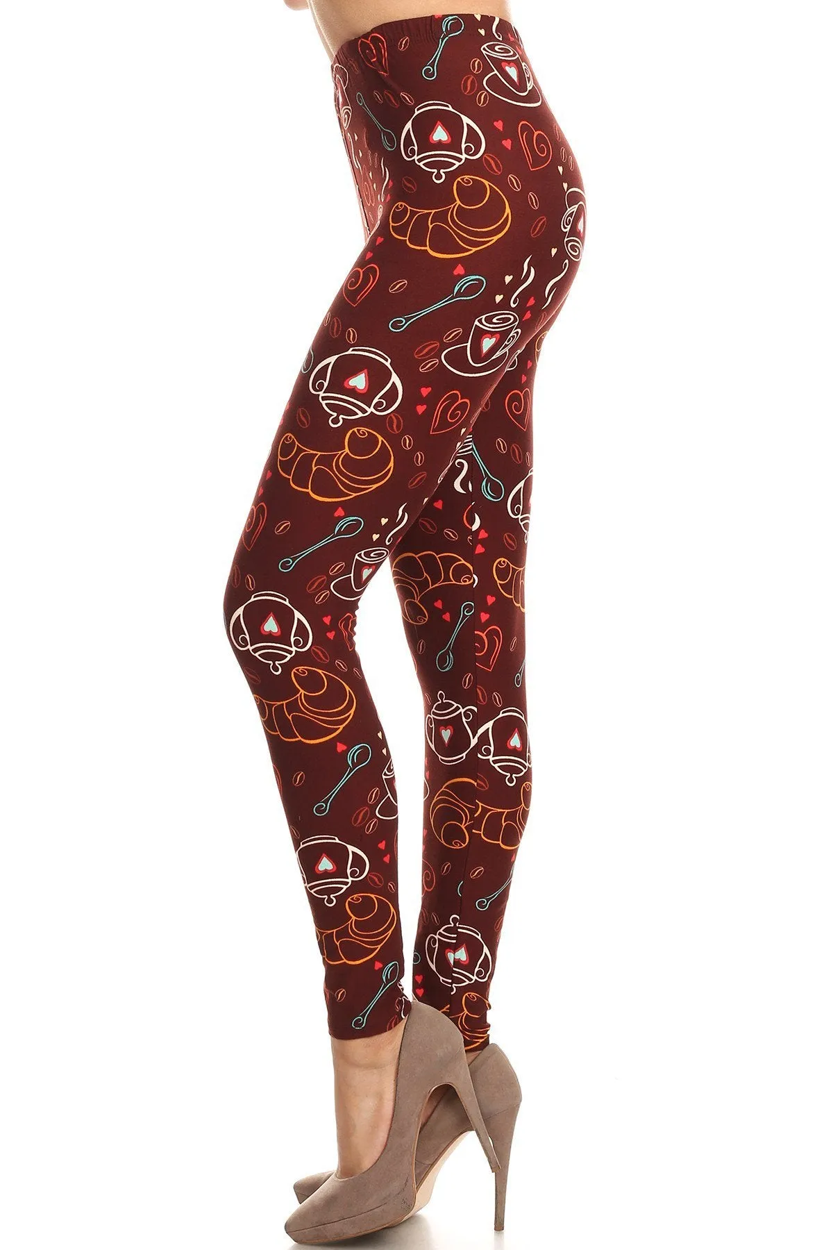 Women's Regular Coffee Tea Baguette Pattern Printed Leggings