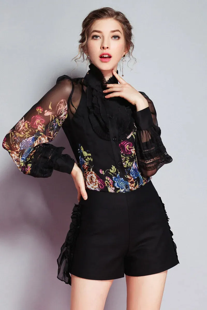 Women's Ruffles Floral Printed Long Sleeves Elegant Fashion Designer Silk Shirts&Blouses