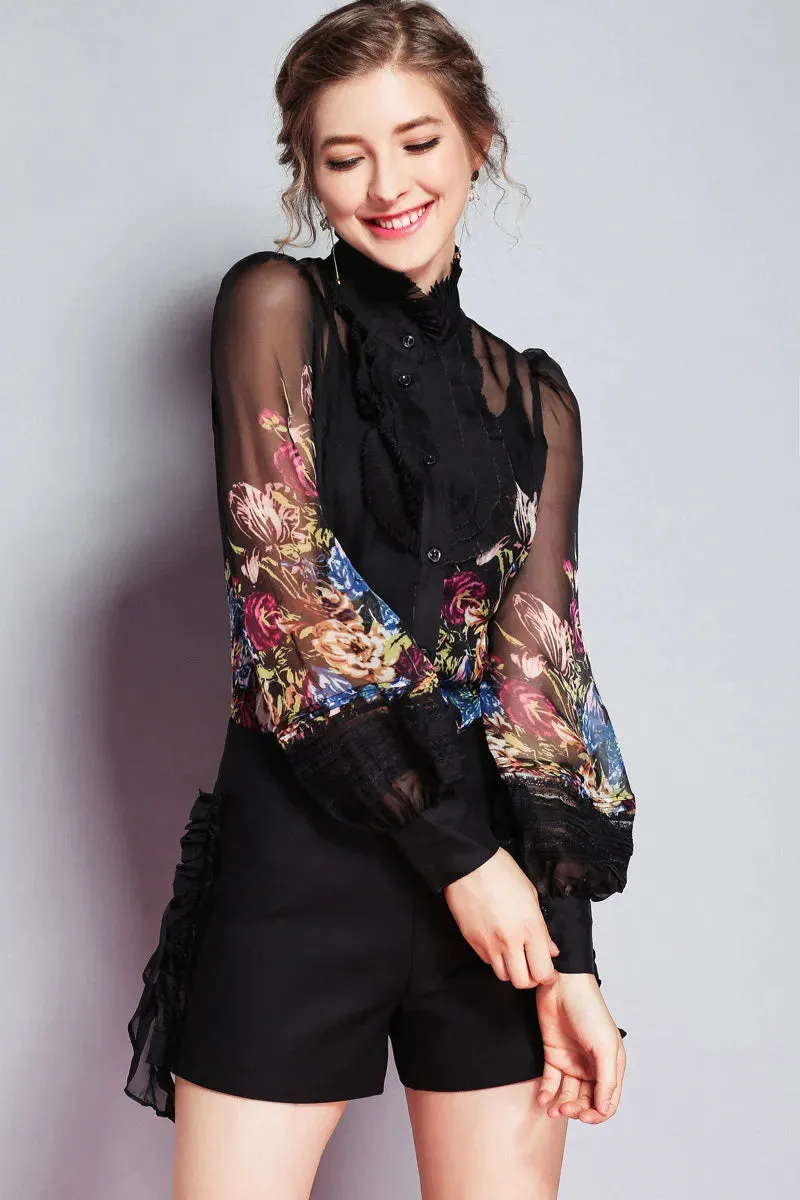 Women's Ruffles Floral Printed Long Sleeves Elegant Fashion Designer Silk Shirts&Blouses