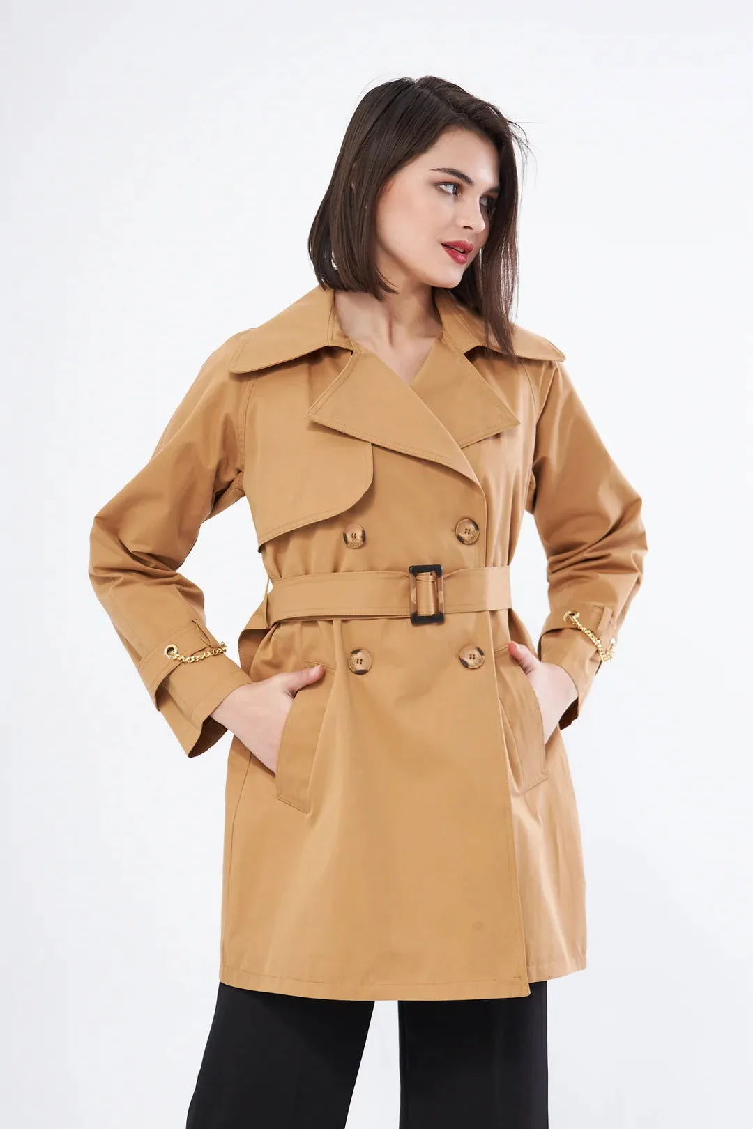 Women's Short Trench Coat with Chain Detail - Tan - SCB-W12403