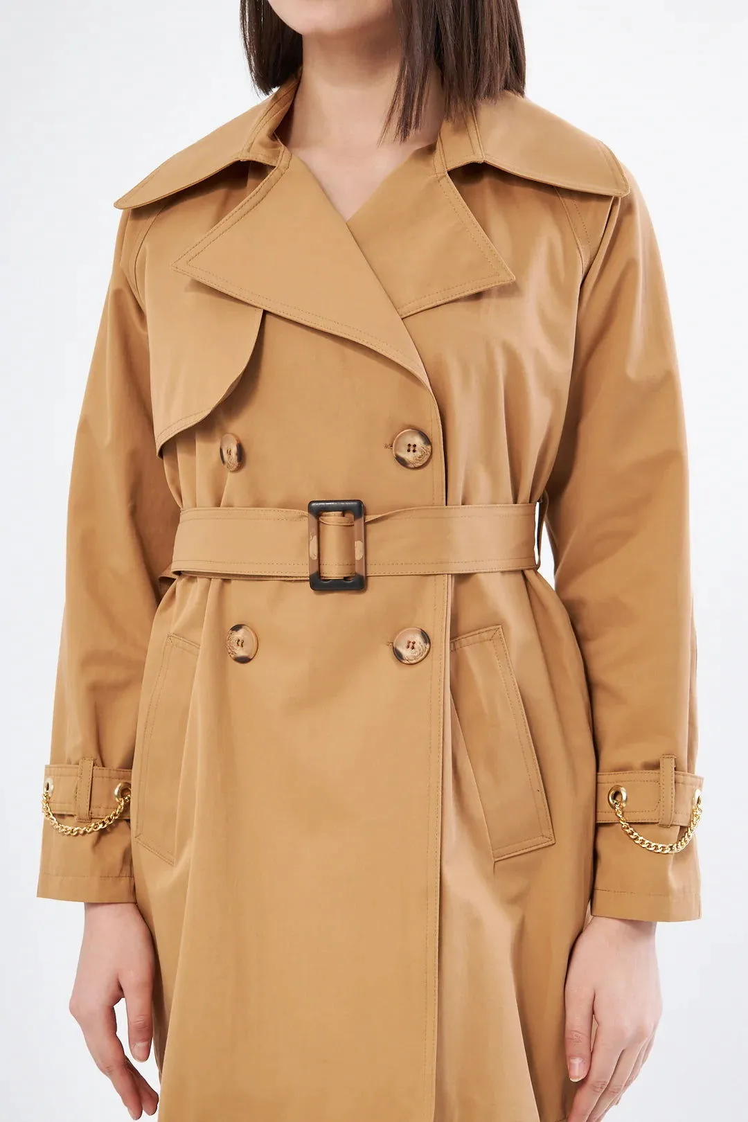 Women's Short Trench Coat with Chain Detail - Tan - SCB-W12403