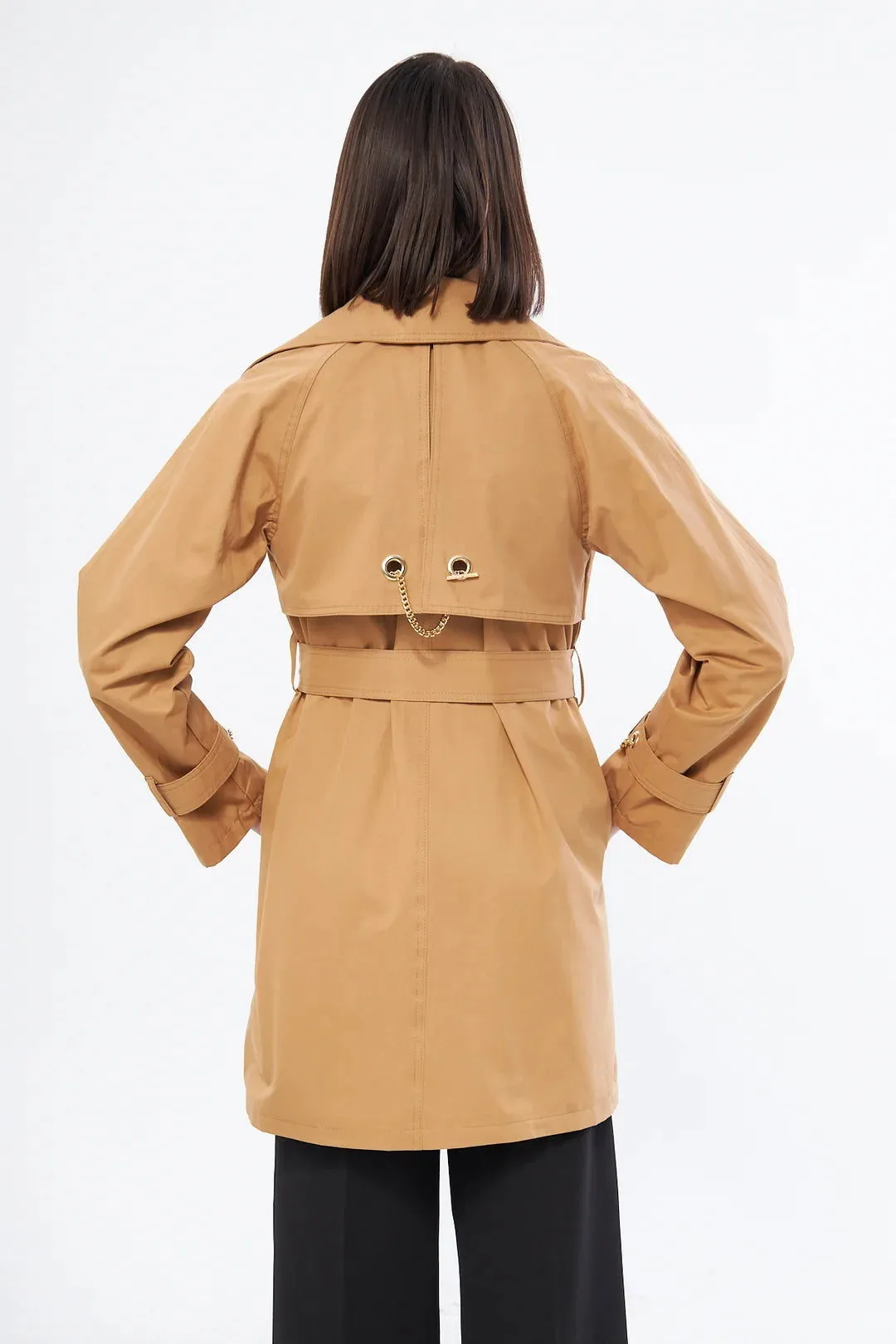 Women's Short Trench Coat with Chain Detail - Tan - SCB-W12403