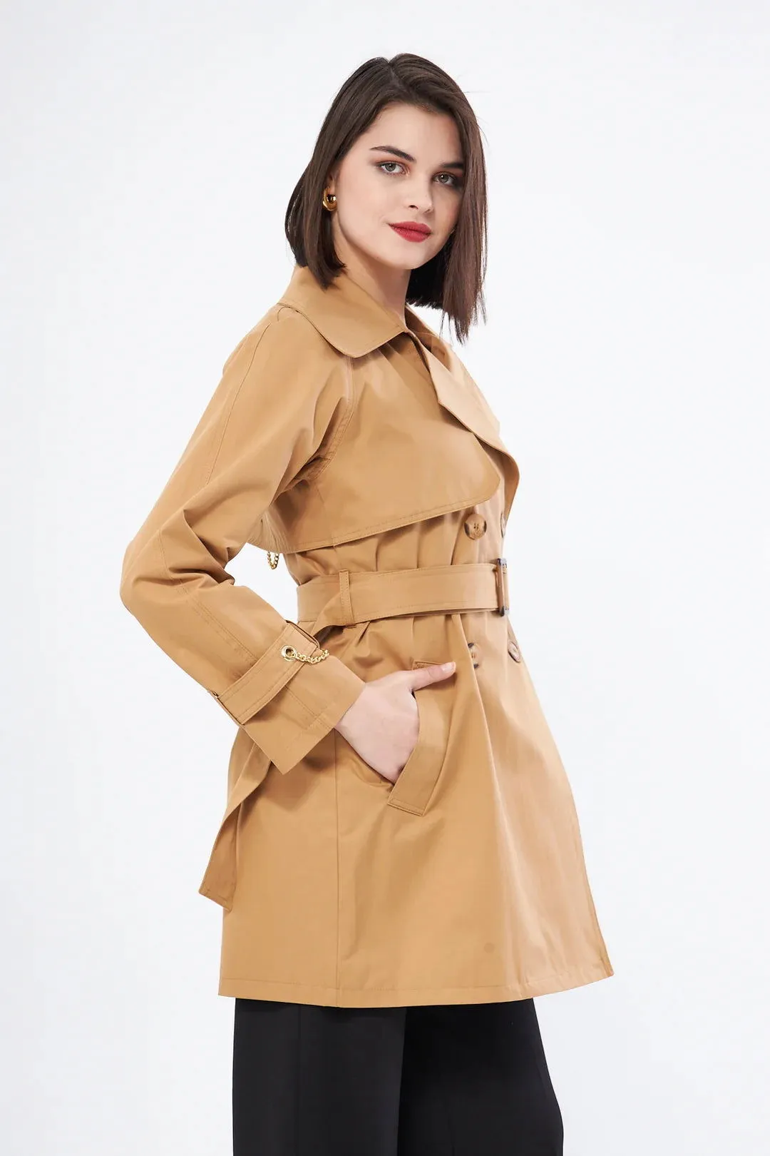 Women's Short Trench Coat with Chain Detail - Tan - SCB-W12403