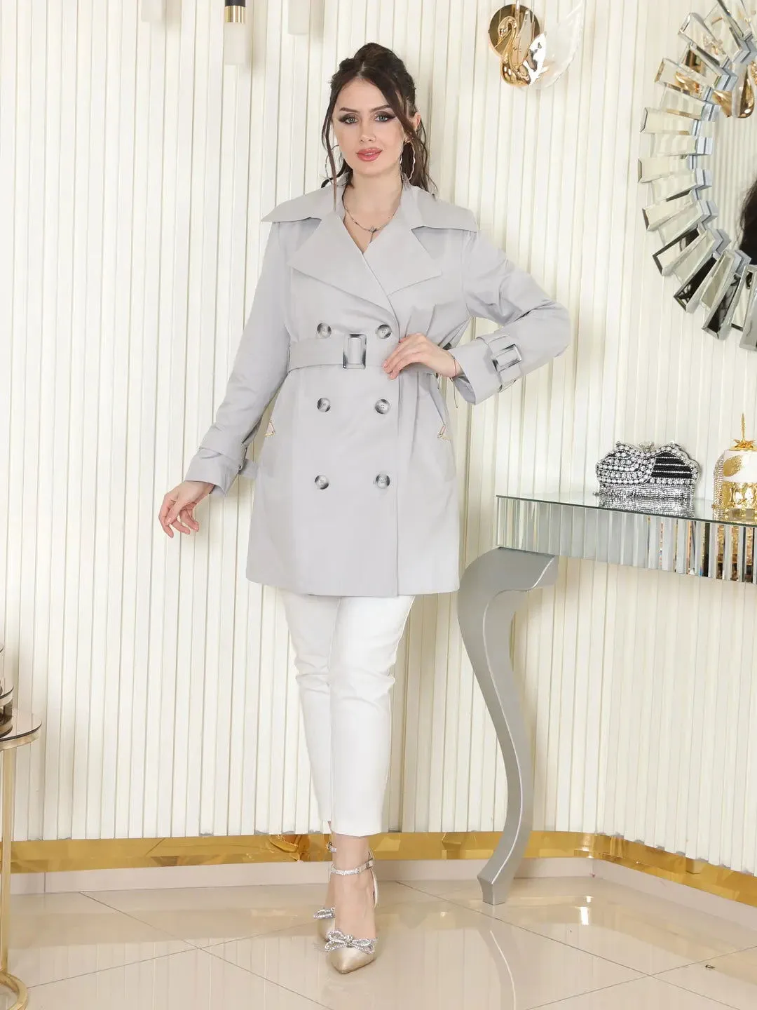 Women's Short Trench Coat with V Metal Detail - Grey - SCB-W12406