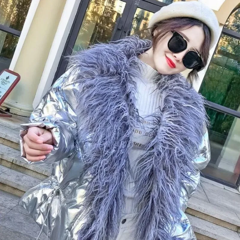 Women's Winter Casual Cotton Shiny Parka With Fur