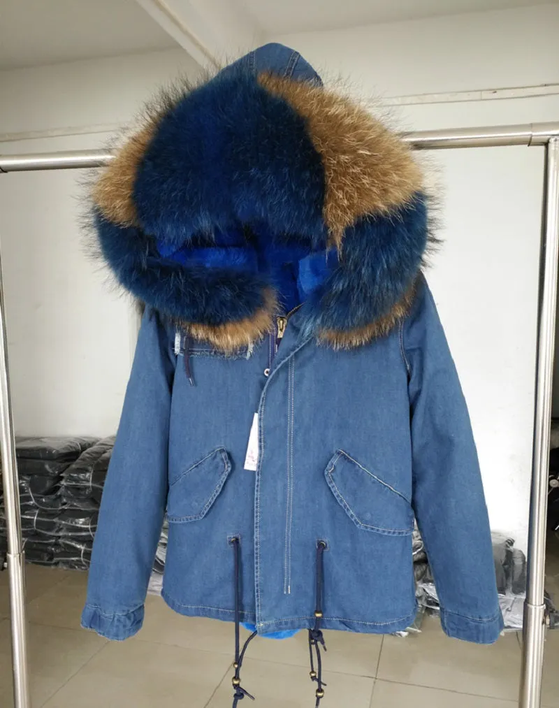 Women's Winter Casual Denim Hooded Parka With Raccoon Fur