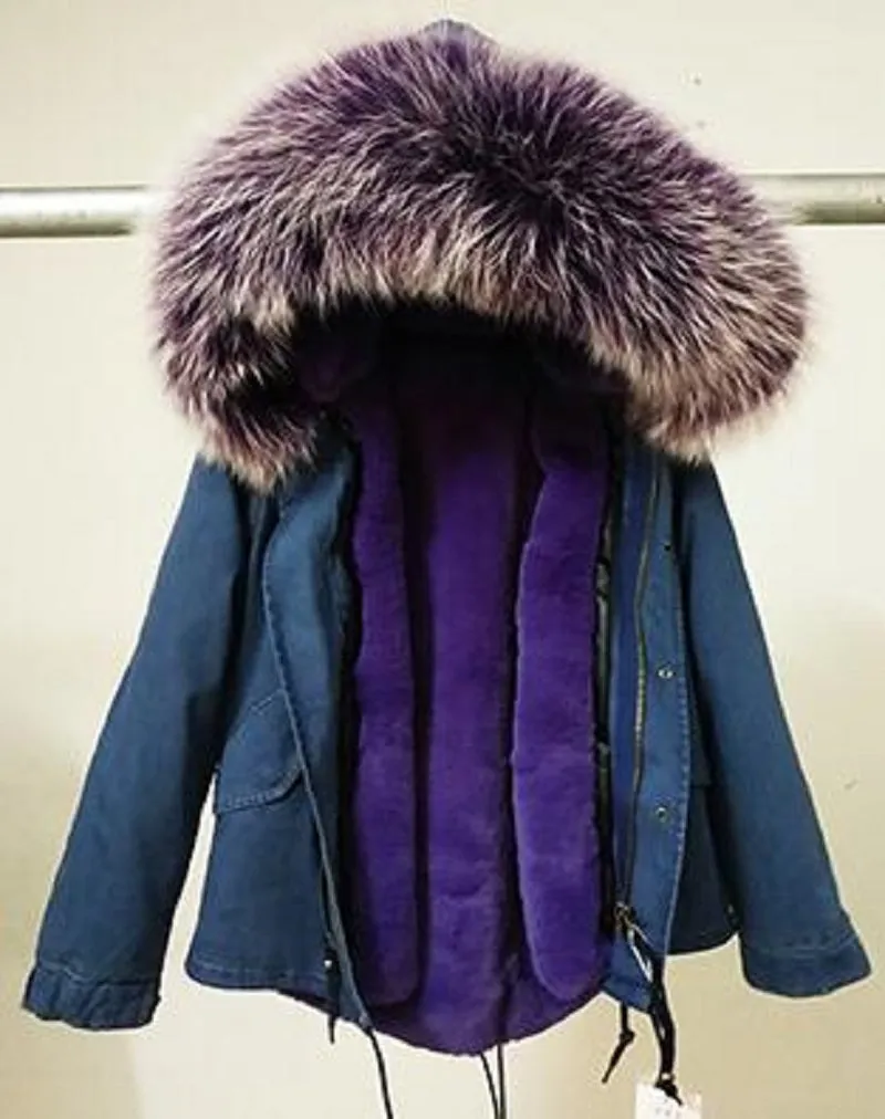 Women's Winter Casual Denim Hooded Parka With Raccoon Fur