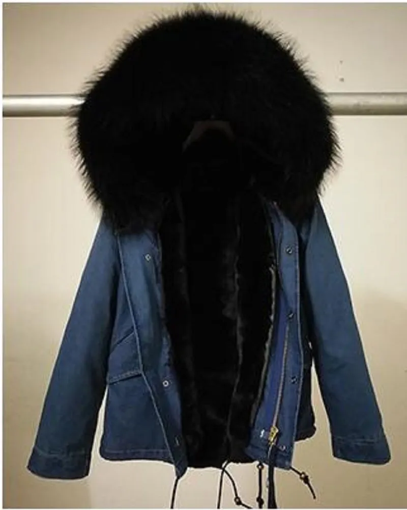 Women's Winter Casual Denim Hooded Parka With Raccoon Fur