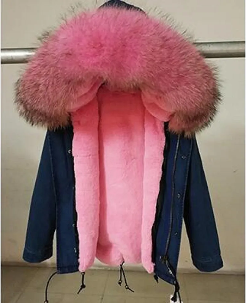 Women's Winter Casual Denim Hooded Parka With Raccoon Fur