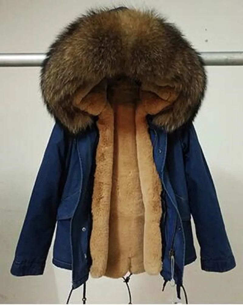 Women's Winter Casual Denim Hooded Parka With Raccoon Fur