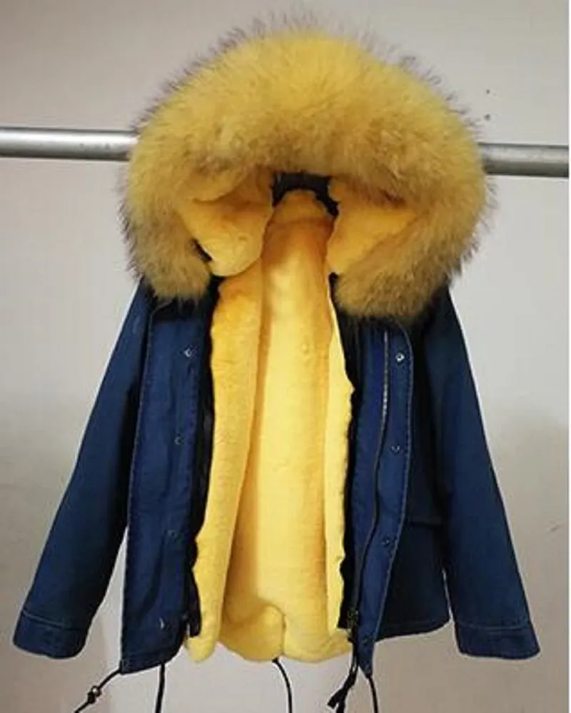 Women's Winter Casual Denim Hooded Parka With Raccoon Fur