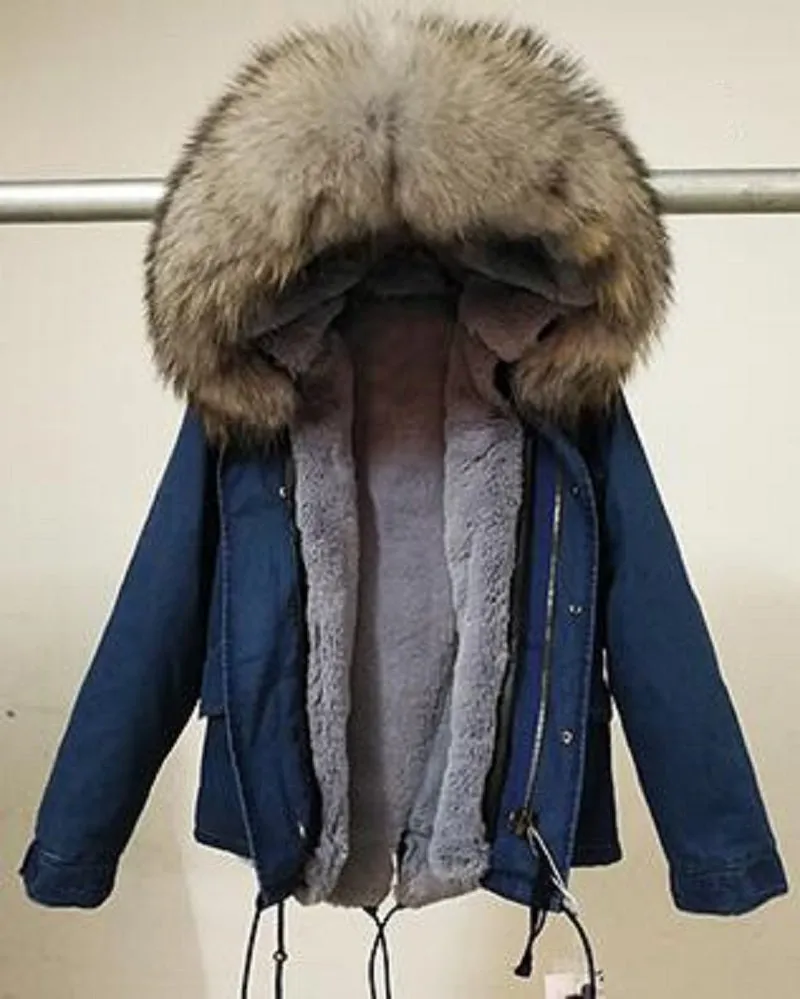 Women's Winter Casual Denim Hooded Parka With Raccoon Fur