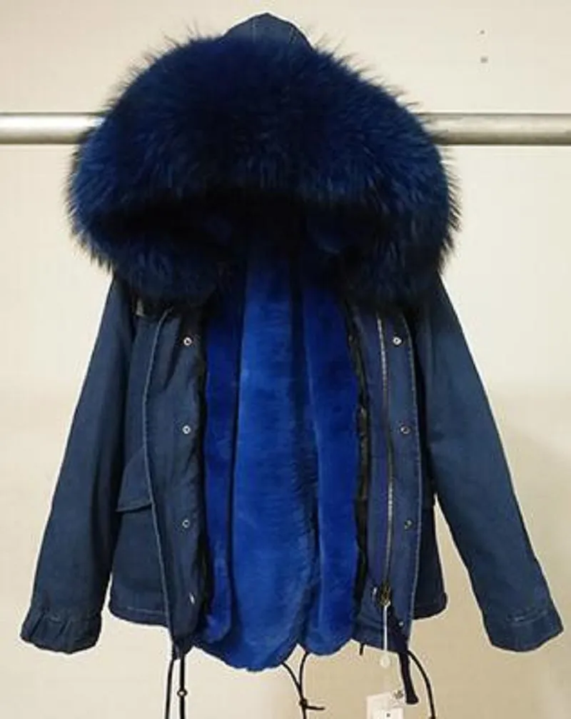 Women's Winter Casual Denim Hooded Parka With Raccoon Fur