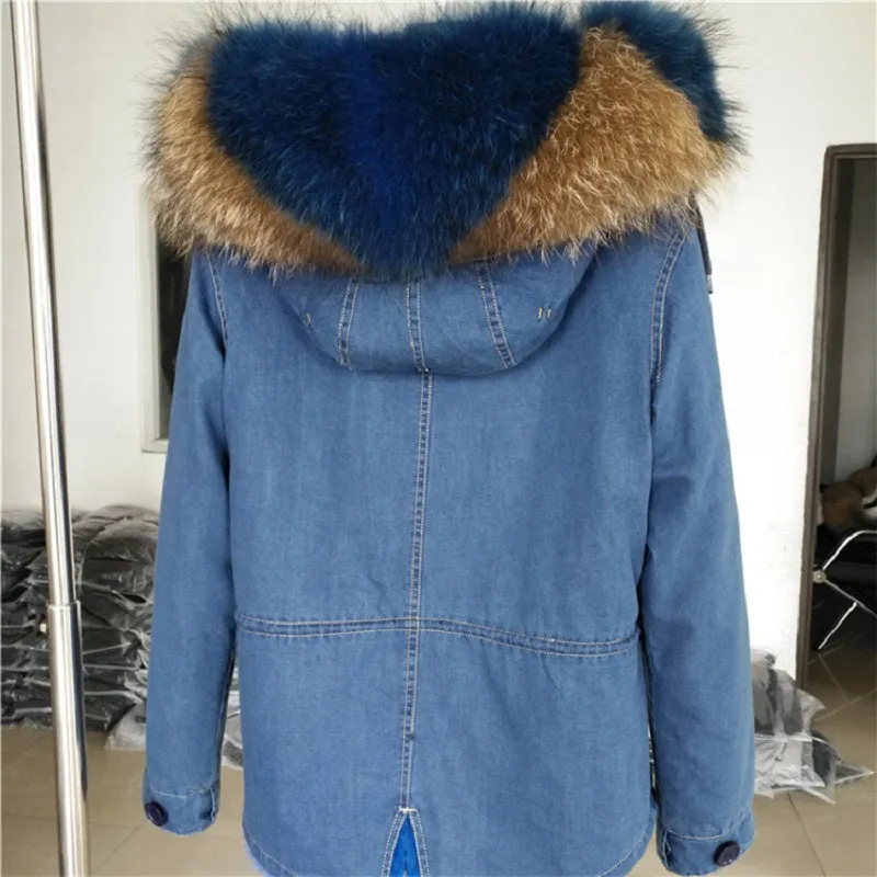 Women's Winter Casual Denim Hooded Parka With Raccoon Fur