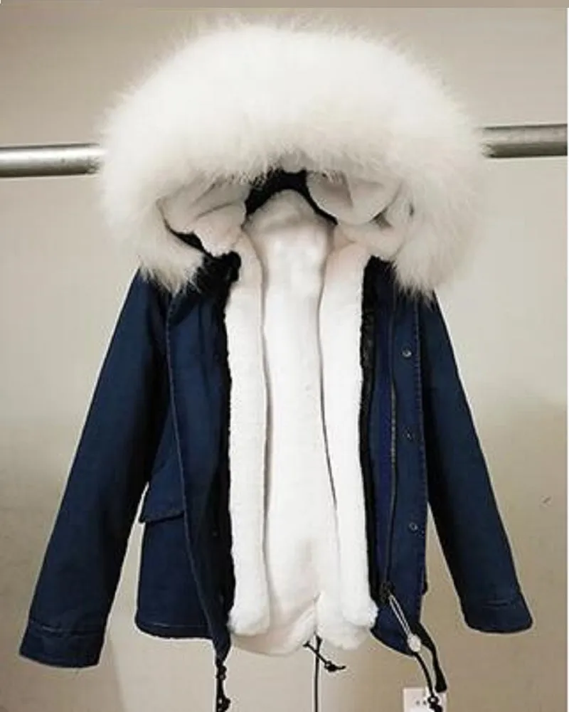 Women's Winter Casual Denim Hooded Parka With Raccoon Fur