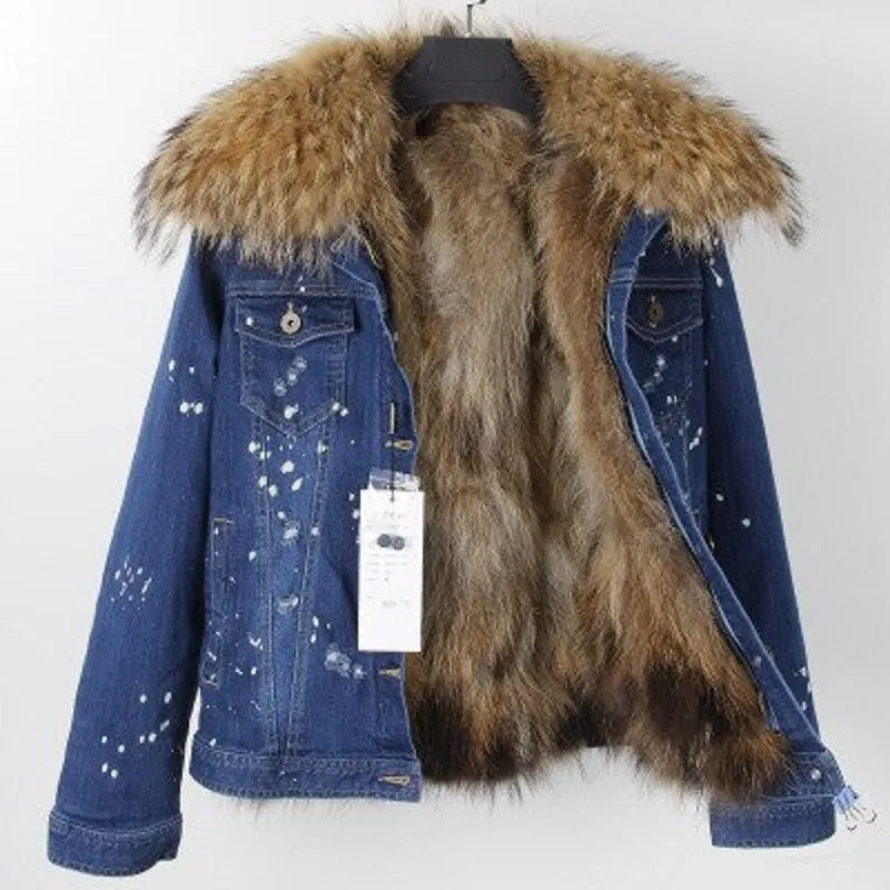 Women's Winter Casual Denim Slim Parka With Raccoon Fur