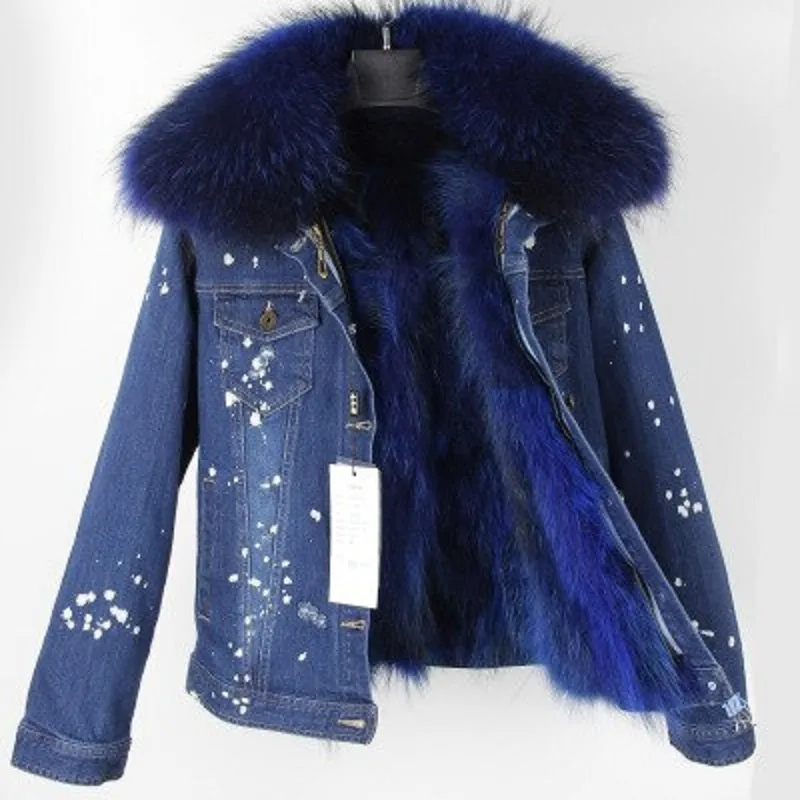 Women's Winter Casual Denim Slim Parka With Raccoon Fur