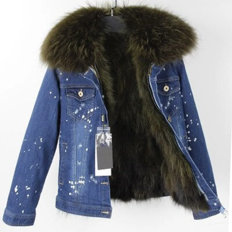 Women's Winter Casual Denim Slim Parka With Raccoon Fur