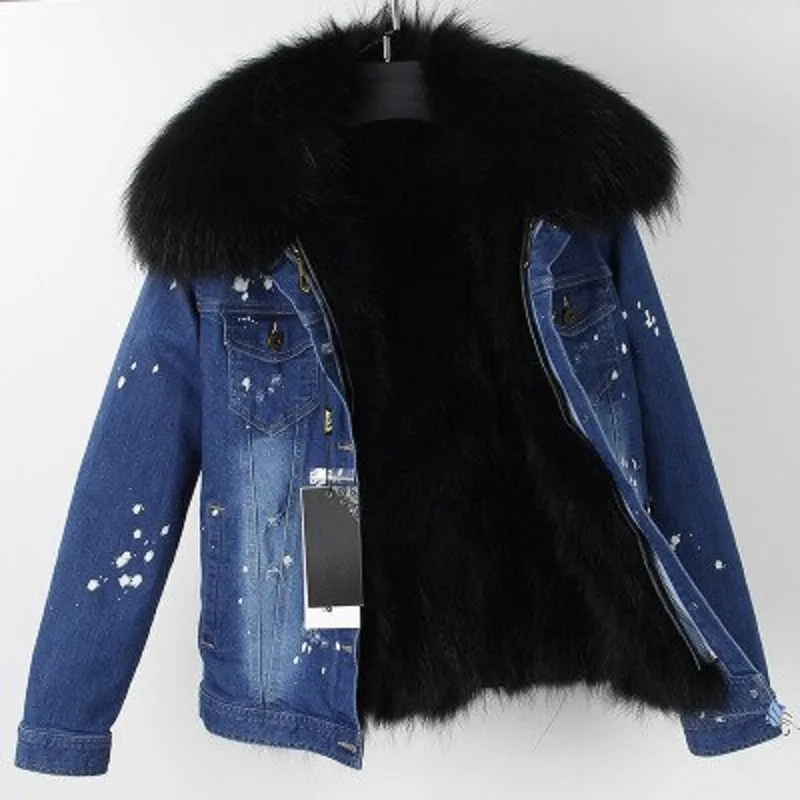 Women's Winter Casual Denim Slim Parka With Raccoon Fur