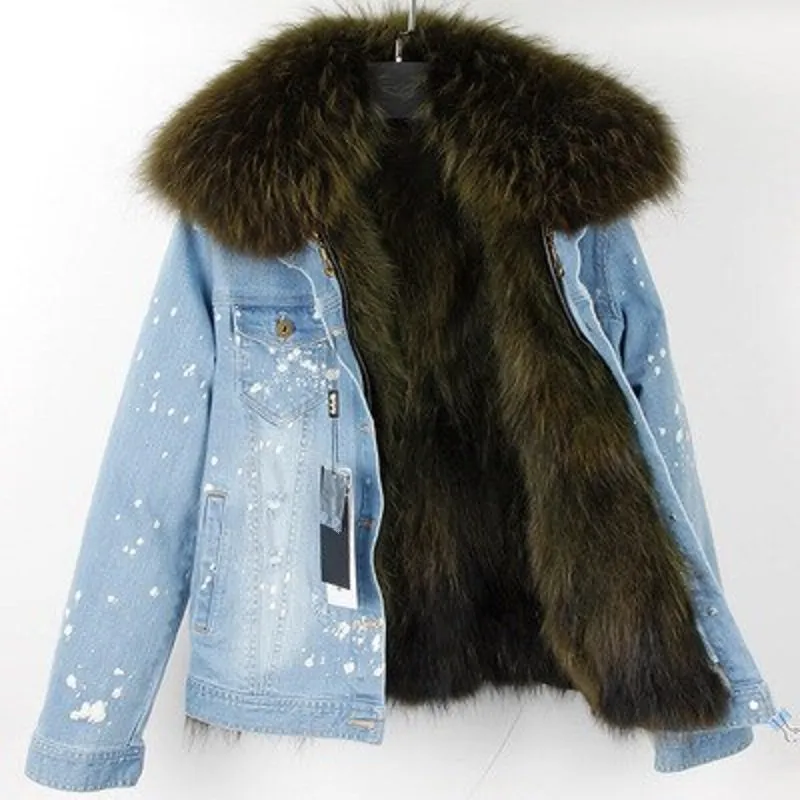 Women's Winter Casual Denim Slim Parka With Raccoon Fur