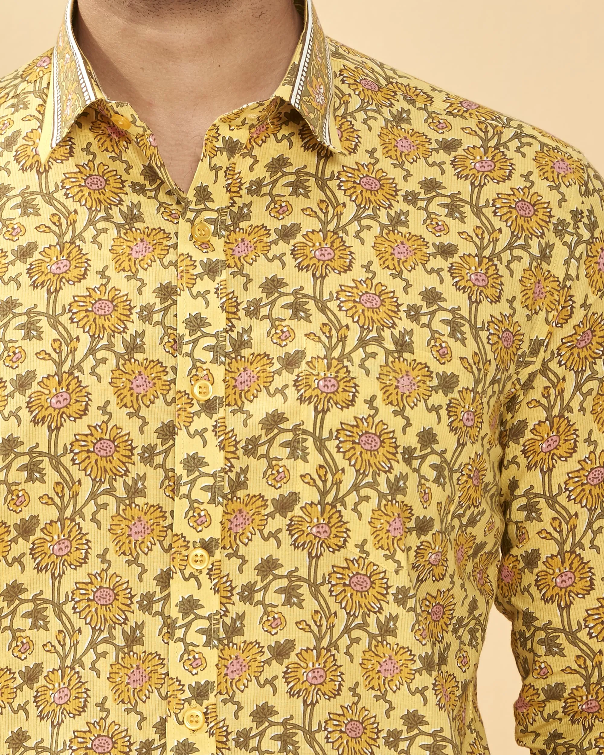 Yellow Full Sleeve Cotton Hand Block Printed Men's Shirt